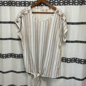 Cure. Womens 2XL Striped Tie Front Button Detail Short Sleeve Blouse Top